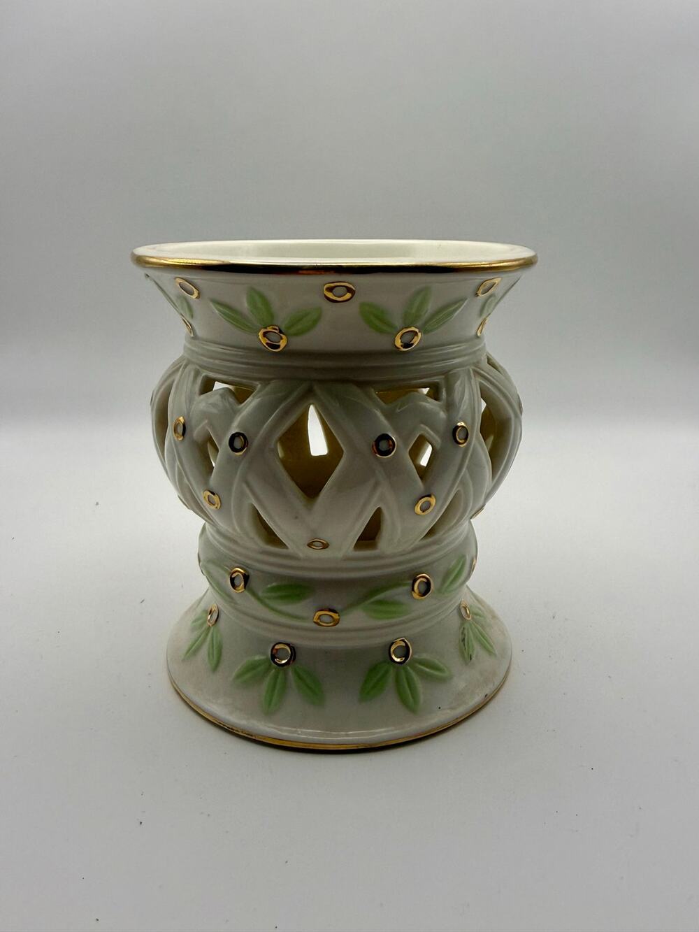 Vintage Avon Porcelain Reticulated Fragrance Warmer Candle Holder Gold Trim Mint